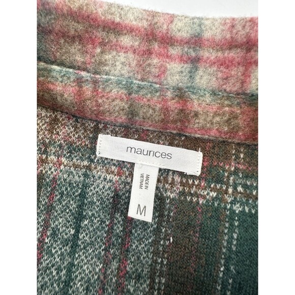 Maurices Green Plaid Longline Shacket Button Down Collared Rib Cuff Women Medium - Picture 9 of 13